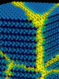 Artist&rsquo;s depiction of the collective excitons of an excitonic solid. These excitations can be thought of as propagating domain walls (yellow) in an otherwise ordered solid exciton background (blue). Image courtesy of Peter Abbamonte, U. of I. Department of Physics and Frederick Seitz Materials Research Laboratory