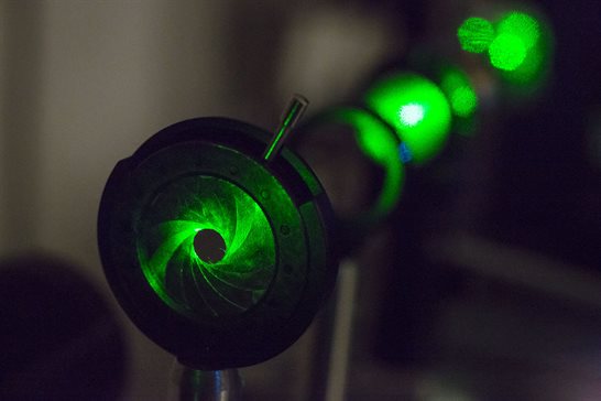 Laser beam in one of Yann Chemla's labs