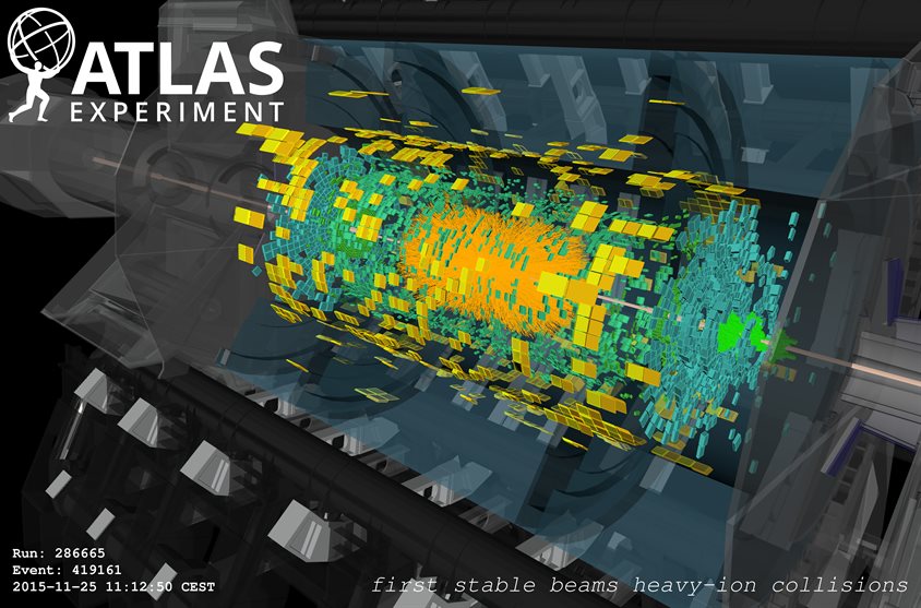 An ATLAS event display of a heavy-ion collision recorded on November 25, 2018, shows three jets, one having high transverse momentum and on the opposite side of the detector two having lower transverse momentum. The display was created by University of Illinois graduate student Mike Phipps, a member of Sickles&rsquo; research team. Image courtesy of ATLAS, CERN