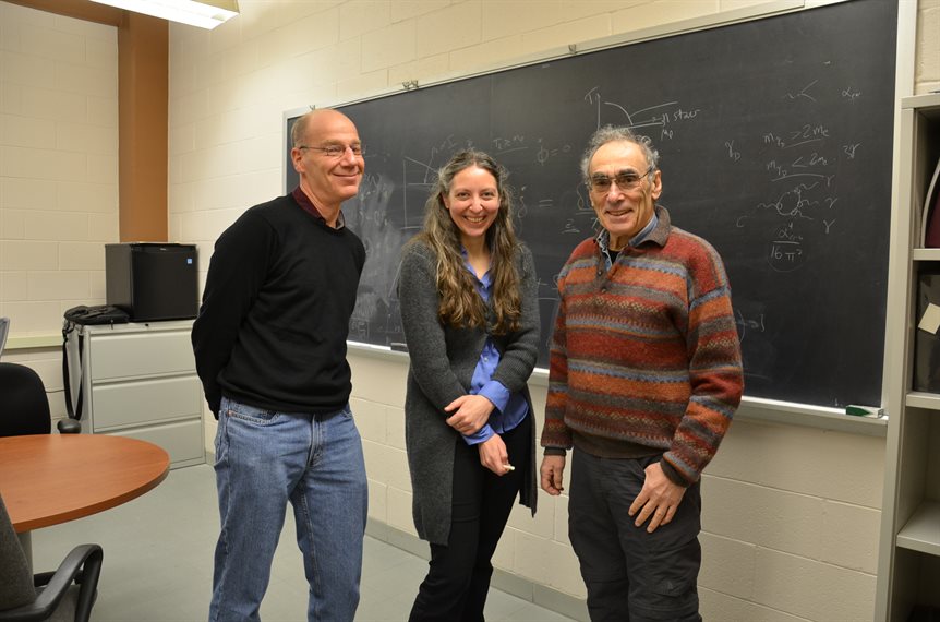 Professors Doug Beck, Jessie Shelton, and Gordon Baym in Shelton&rsquo;s office at the Loomis Laboratory of Physics in Urbana. Photo by Siv Schwink for Illinois Physics Condensate