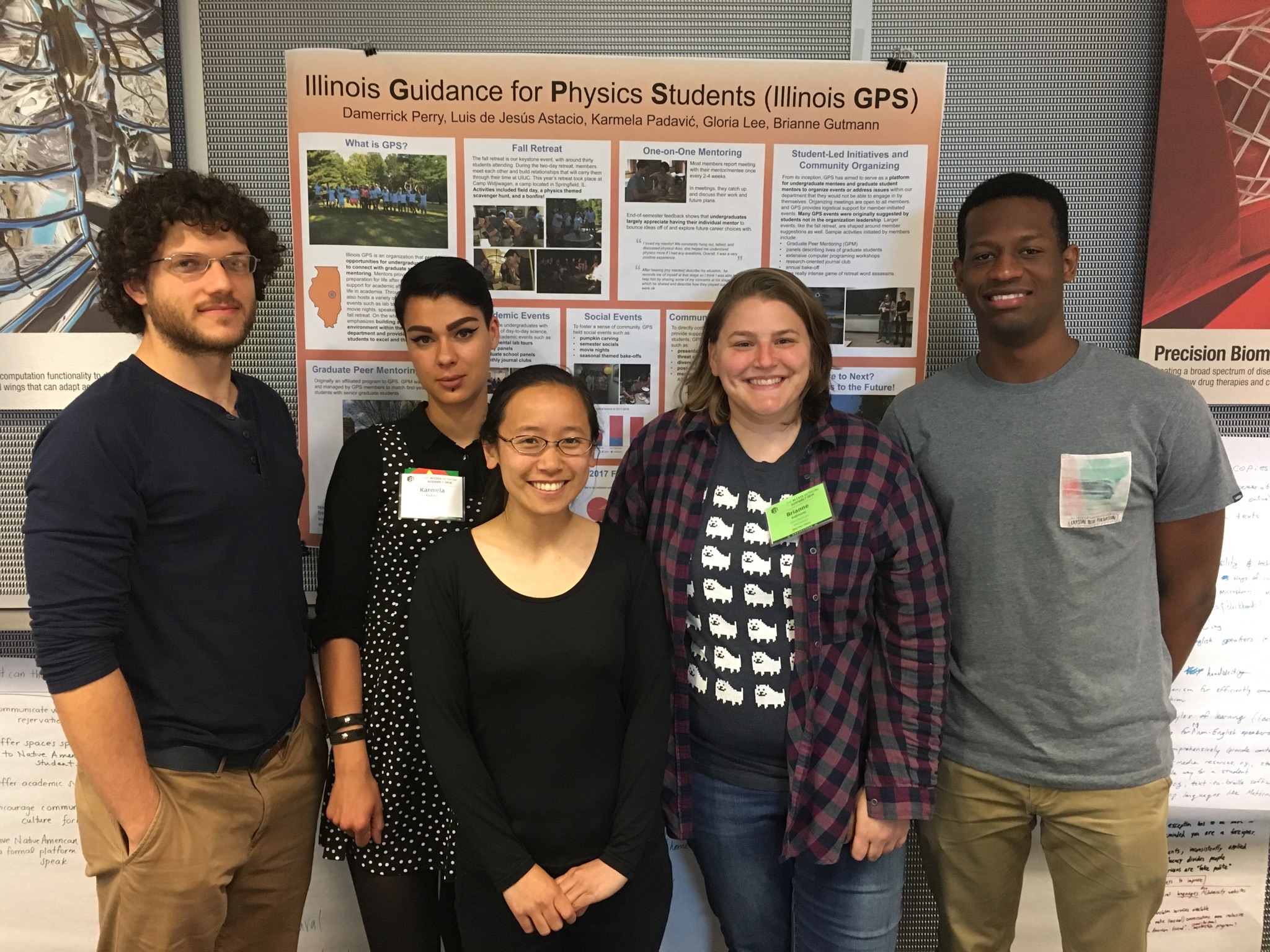 Illinois GPS (Guidance for Physics Students) organizers pose in front of their poster at the 2018 The Access Network assembly. Pictured left to right are Luis Miguel de Jes&uacute;s Astacio, Karmela Padavi&Auml;&Dagger;, Gloria Lee, Brianne Gutmann, and Damerrick Perry.&nbsp;