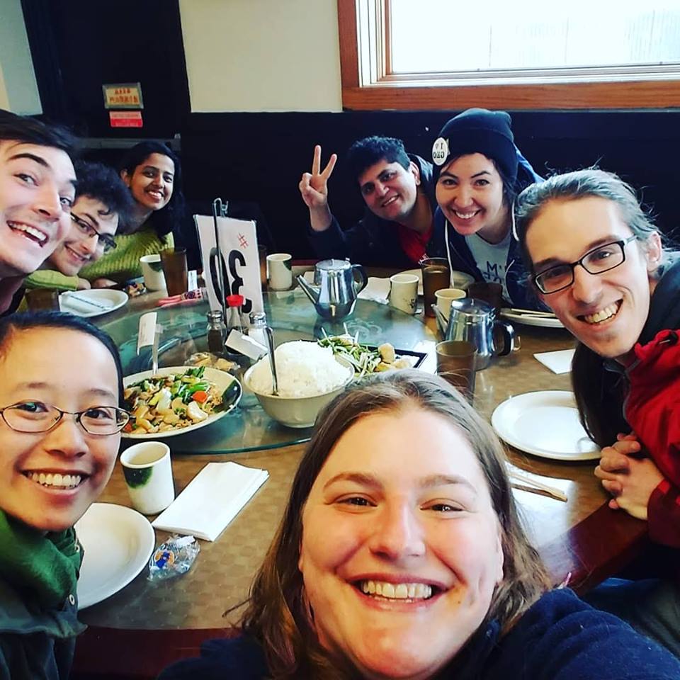 Physics GEO (Graduate Employees Organization) members take a meal together.&nbsp;<br />Photos courtesy of Brianne Gutmann