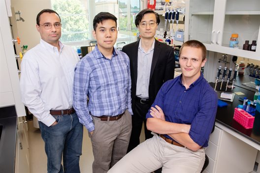 Professor Pablo Perez-Pinera, graduate student Alan Luu, Professor Jun Song and graduate student Michael Gapinske in the Perez-Pinera research lab. The researchers adapted CRISPR gene-editing technology to help a cell skip over mutated portions of genes