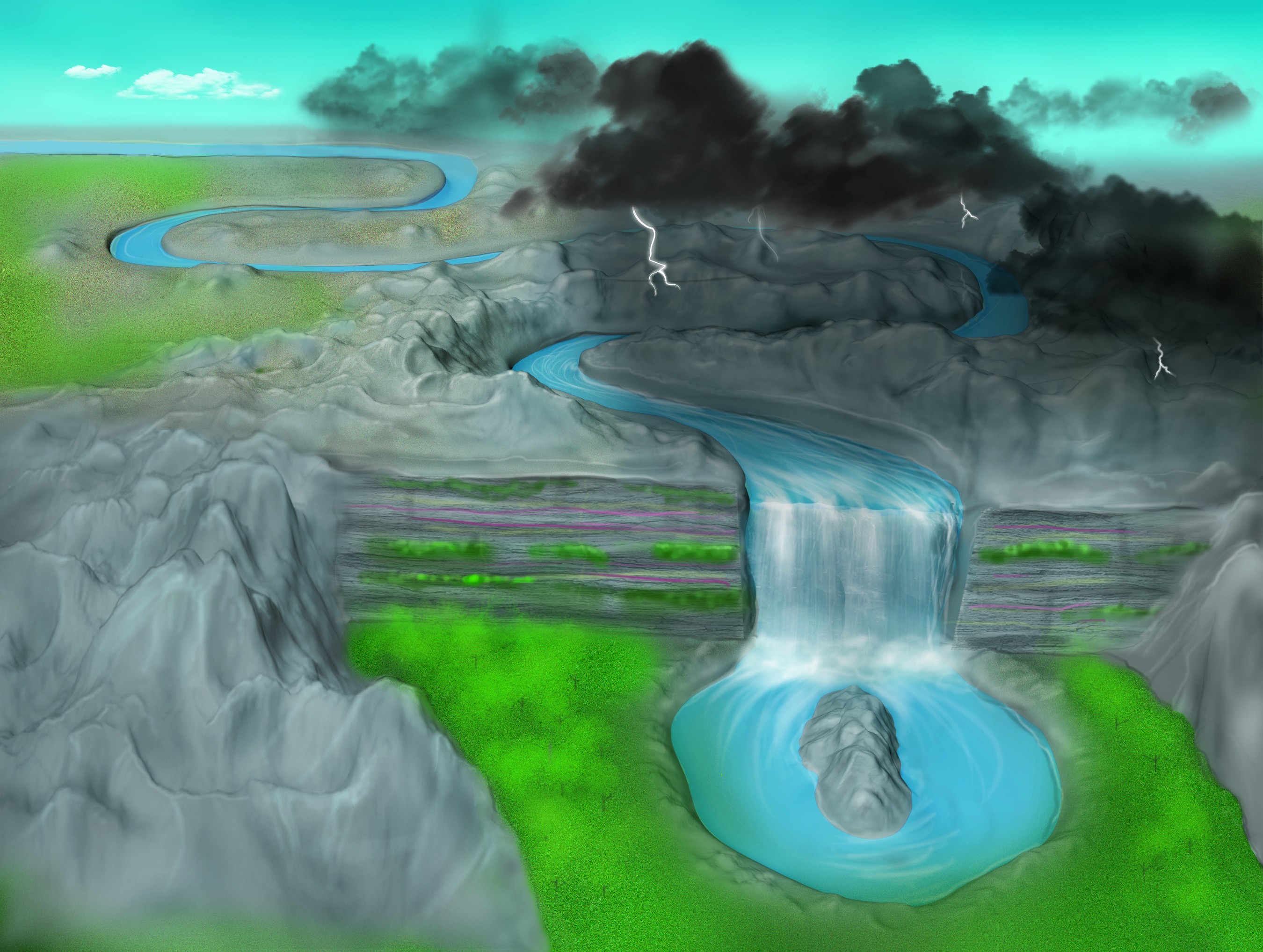 Artist&rsquo;s depiction of a disorder-induced transition to the topological Anderson insulator phase. A river flowing along a straight path is altered by disorder in the underlying landscape. After going through a transition (waterfall), the river forms a closed loop&mdash;a shape having a different topology from that of the initially straight path. In the topological Anderson insulator phase, the trivial band structure of a normal material is transformed into a topologically nontrivial band structure from disorder and disruptions in the tunnel couplings between lattice sites. The winding number in the topological Anderson insulator phase is distinct from that of the normal case without disorder. Image by Lachina Creative, copyright Bryce Gadway, University of Illinois at Urbana-Champaign