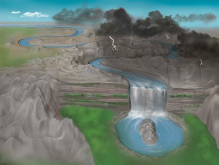 Artist&rsquo;s depiction of a disorder-induced transition to the topological Anderson insulator phase. A river flowing along a straight path is altered by disorder in the underlying landscape. After going through a transition (waterfall), the river forms a closed loop&mdash;a shape having a different topology from that of the initially straight path. In the topological Anderson insulator phase, the trivial band structure of a normal material is transformed into a topologically nontrivial band structure from disorder and disruptions in the tunnel couplings between lattice sites. The winding number in the topological Anderson insulator phase is distinct from that of the normal case without disorder. Image by Lachina Creative, copyright Bryce Gadway, University of Illinois at Urbana-Champaign