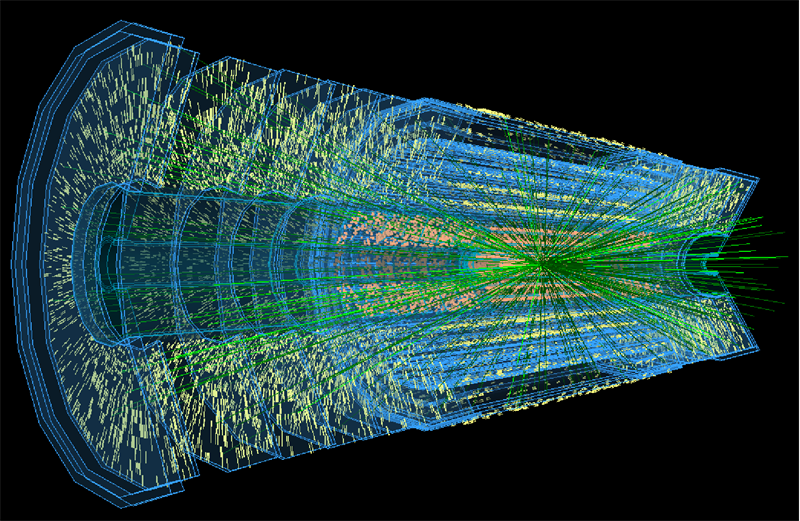 A data visualization from a simulation the collision between two protons that will occur at the High-Luminosity Large Hadron Collider (HL-LHC). On average, up to 200 collisions will be visible in the collider&rsquo;s detectors at the same time. Shown here is a design for the Inner Tracker of the ATLAS detector, one of the hardware upgrades planned for the HL-LHC. &lt;br /&gt;Image courtesy of the ATLAS Experiment &copy; 2018 CERN
