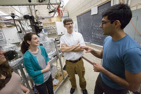 Professor Peter Abbamonte in his laboratory with graduate students Mindy Rak (left) and Anshul Kogar, in the Frederick Seitz Materials Research Laboratory in Urbana. &lt;br /&gt;Photo by L. Brian Stauffer, University of Illinois at Urbana-Champaign