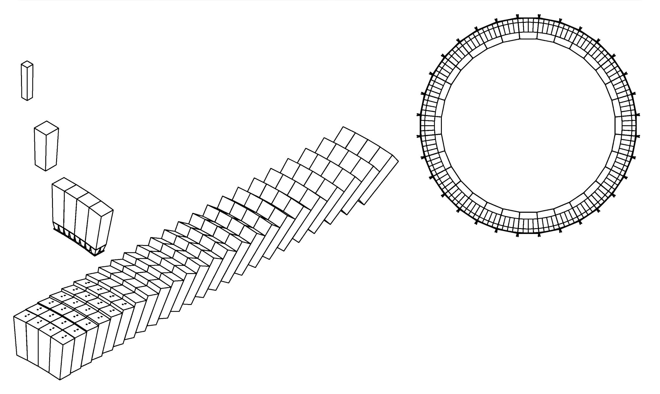 Sketch of an entire EMCal sector of 96 tungsten&amp;amp;amp;ndash;scintillating-fiber blocks; 4 blocks equipped with light guides and front-end electronics; and a cross section of the EMCal barrel showing 32 sectors.&amp;amp;amp;nbsp;