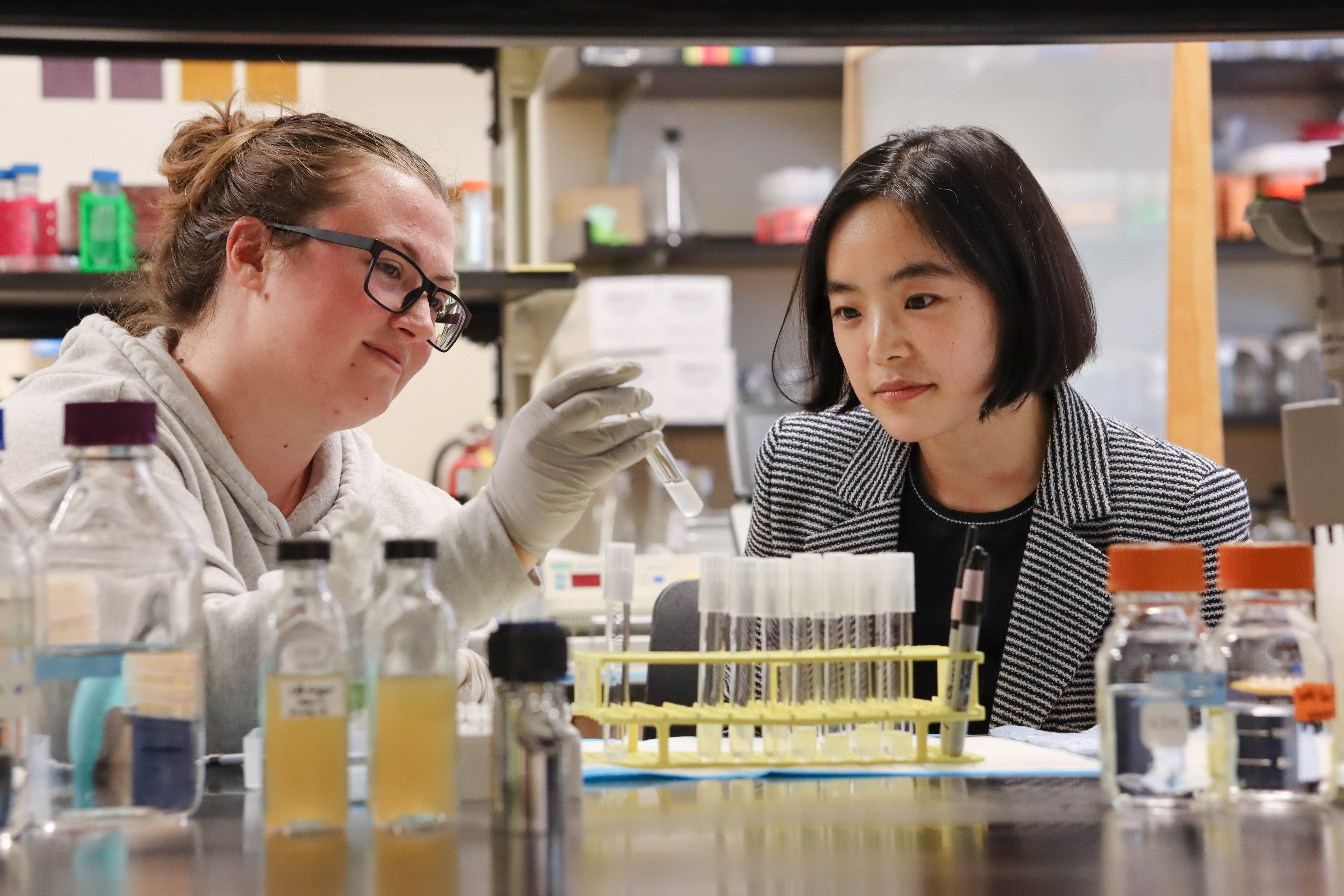 Professor Sangjin Kim and graduate student Brooke Ramsey examine vials at a laboratory table.