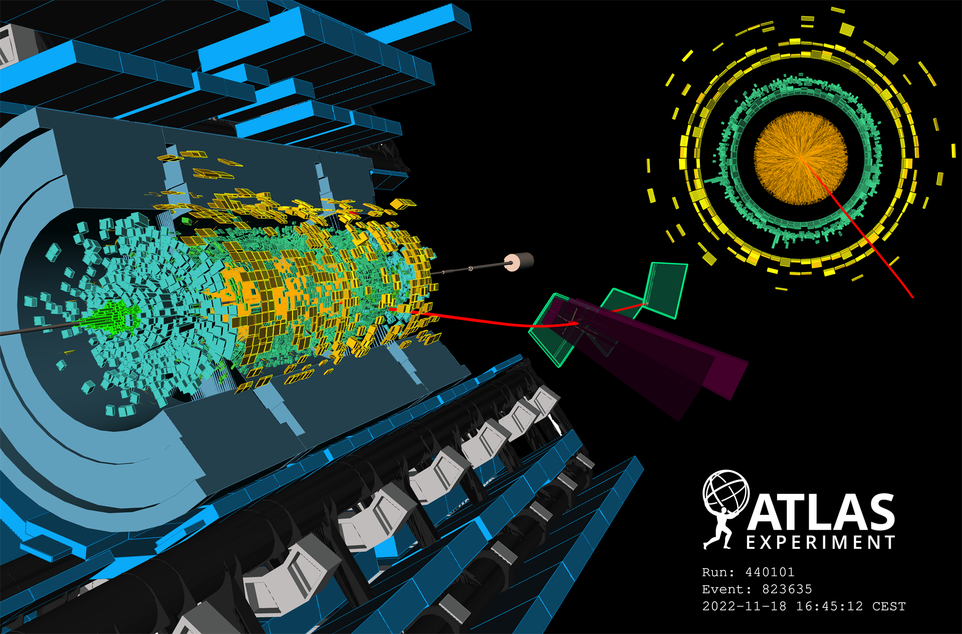 Lead-lead event display in 3D blowout, from the 2022 LHC Heavy Ion pilot run on November 18, 2022. Orange, green, and cyan boxes indicate energy deposits in the calorimeter systems. Orange lines indicate the trajectories of charged particles recorded by the inner detector tracking systems. Image courtesy of CERN/ATLAS