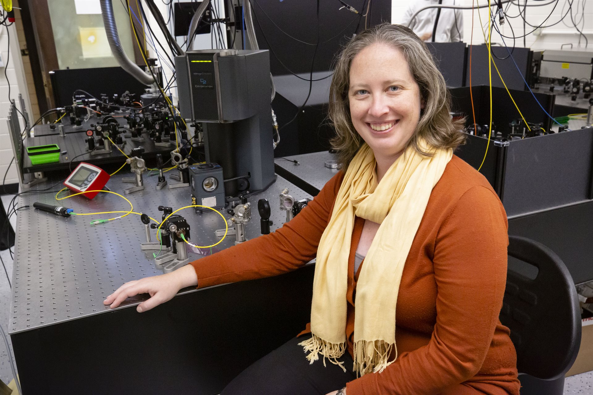 Illinois Physics Professor Elizabeth Goldschmidt is an experimentalist in quantum optics and quantum information. In her laboratory in the Materials Research Laboratory, her group investigates the generation, storage, characterization, and manipulation of photons for quantum information applications. Currently, her group is using rare-earth atom ensembles in innovative experiments having implications for the development of solid-state quantum memory. Photo by Michelle Hassel, University of Illinois Urbana-Champaign